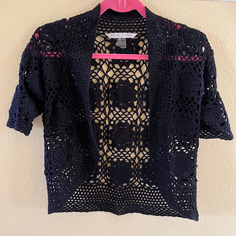 Peter Nygard Black Crochet Open-Front Cardigan